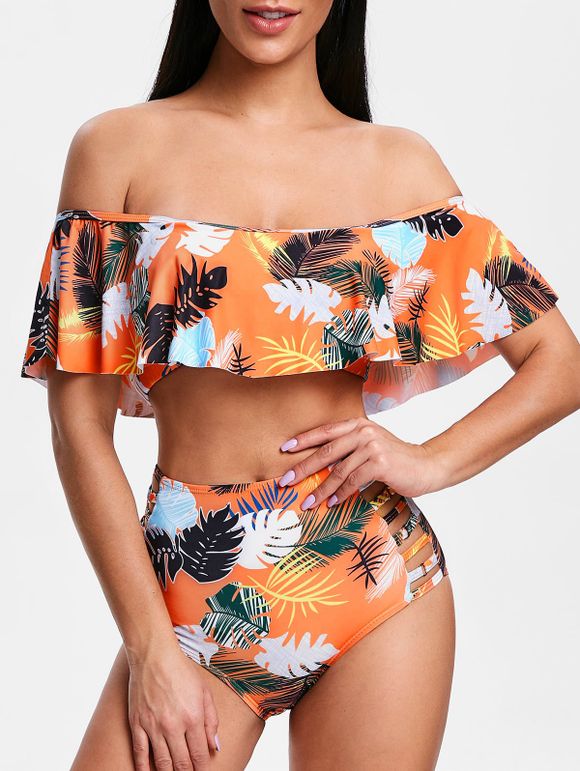 Ensemble de Bikini Découpé Tropical Imprimé à Epaule Dénudé - Orange Papaye XL
