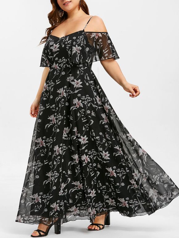 Robe Plante Imprimée de Grande Taille à Epaule Dénudée - multicolor L