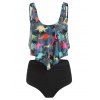 Tummy Control Tankini Swimsuit Cartoon Dinosaur Print Swimwear Flounce Full Coverage Ruched Summer Beach Bathing Suit - PINK S