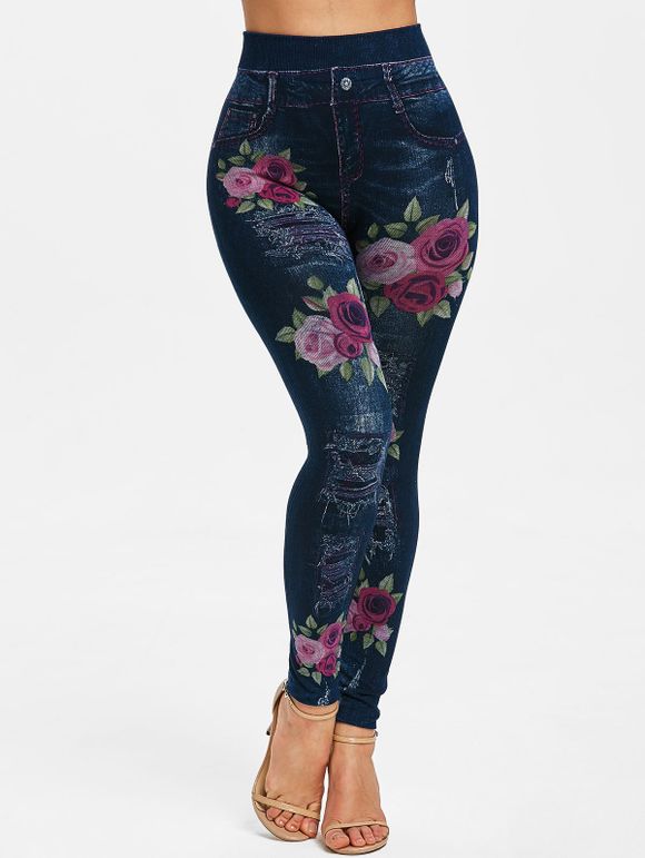 Pantalon Fleuri Imprimé à Taille Haute en Faux Denim - multicolor XL