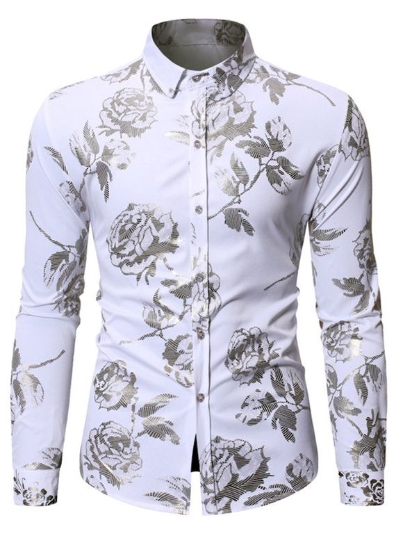 Chemise à Imprimé Fleurie à Manches Longues - Blanc XL