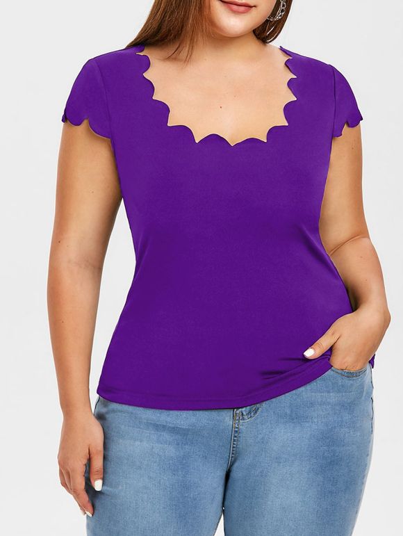 T-shirt de Grande Taille Ourlet Festonné à Col Dégagé - Fleur Violet 1X
