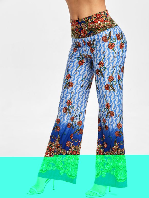 Pantalon Imprimé Jambe Large à Taille Haute - Bleu Cobalt 2XL