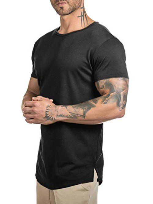T-shirt Long Courbé en Couleur Unie - Noir 2XL