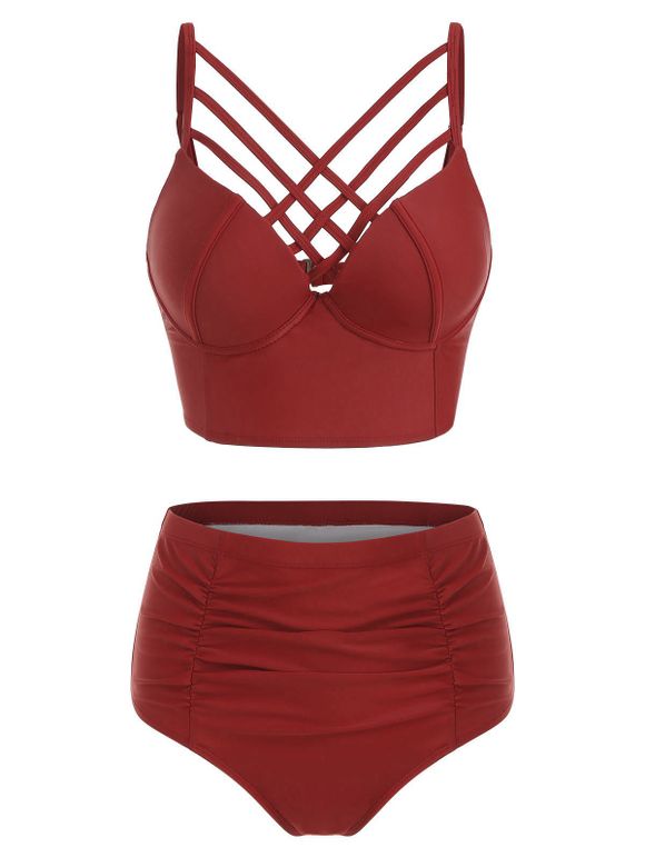 High Waist Criss Cross Bikini Set - RED WINE XL