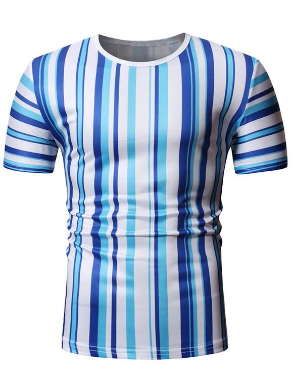 T-shirt Décontracté Rayé Imprimé à Manches Courtes - Bleu de Ciel M