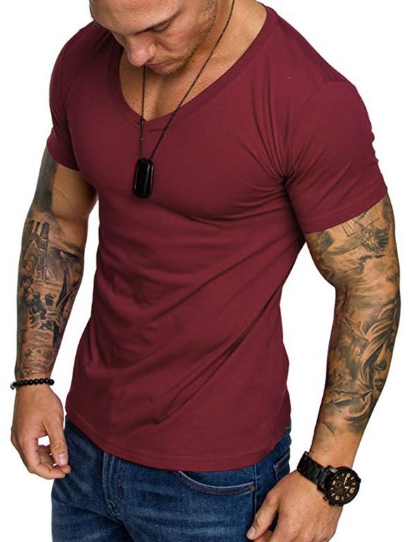 T-shirt de Couleur Unie à Col V pour Homme - Rouge Vineux XL