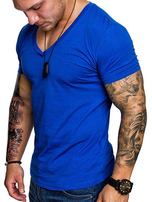 T-shirt de Couleur Unie à Col V pour Homme - Bleu XL