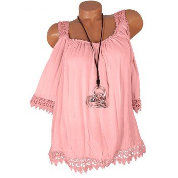 [25% Off] 2021 Plus Size Open Shoulder Lace Trim Blouse In Pink 