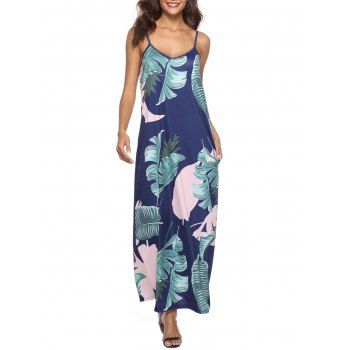 

Leaves Print Cami Maxi Dress, Deep blue