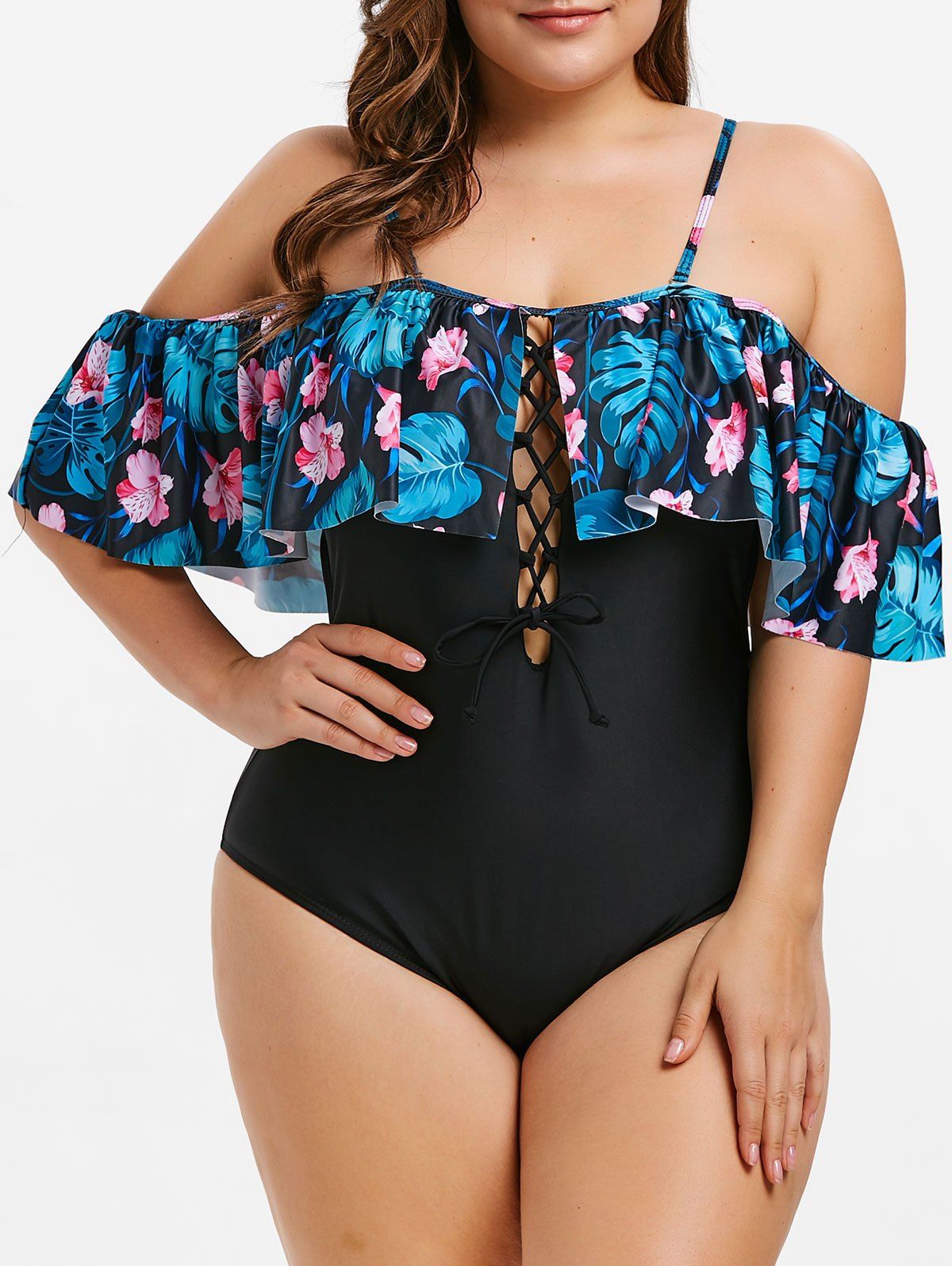 

Flounce Plus Size Floral Lace Up Swimsuit, Multi-a