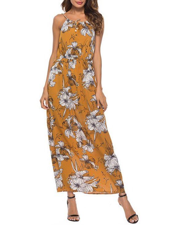 Elastic Waist Floral Print Dress - YELLOW L