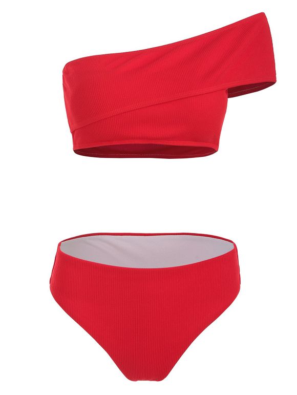 Ensemble de bikini côtelé à une épaule à coupe haute - Rouge Lave 2XL