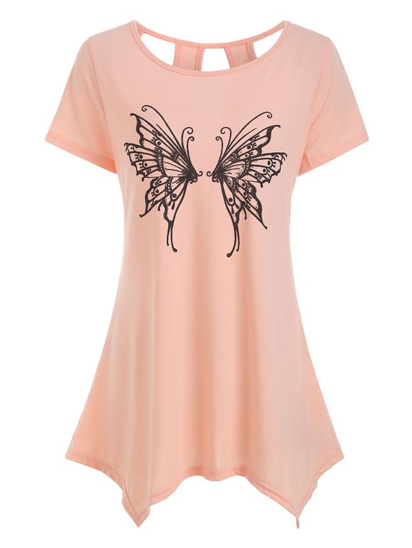 T-shirt Asymétrique Graphique Papillon Découpé - Orange Rose XL