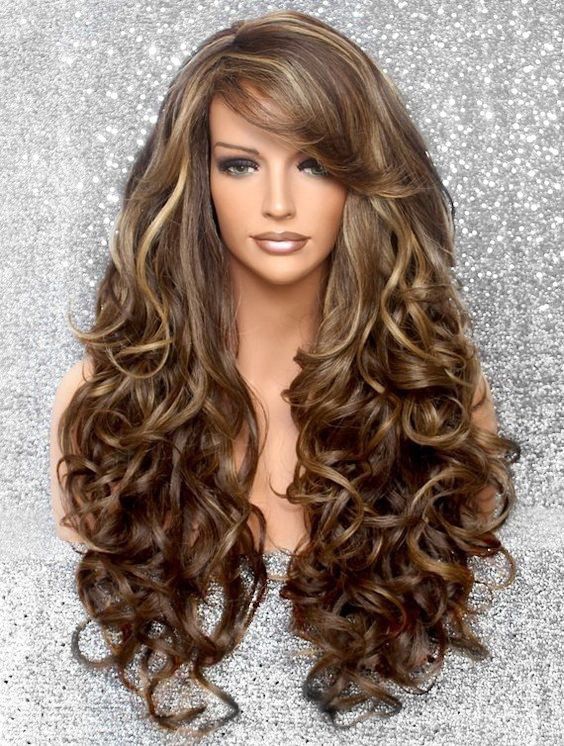 Side Bang Body Curly Long Synthetic Wig - multicolor 