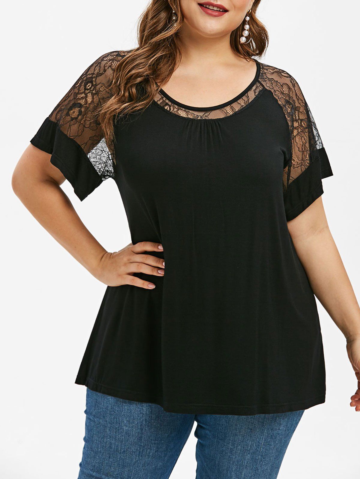 [41% OFF] 2020 Plus Size Lace Panel See Thru Criss Cross T Shirt In ...