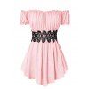 T-shirt en Dentelle Insérée à Epaule Dénudée de Grande Taille - Rose Cochon 4X