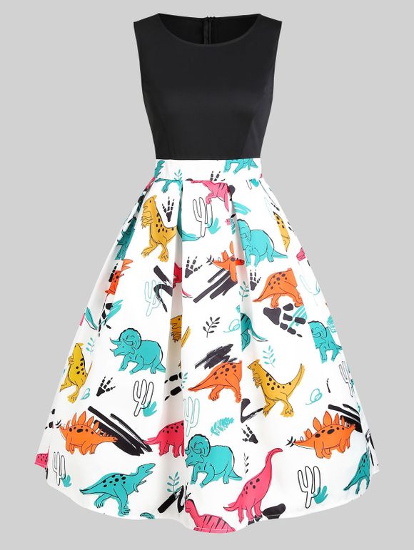 Round Neck Dinosaur Print Flare Dress - multicolor 3XL