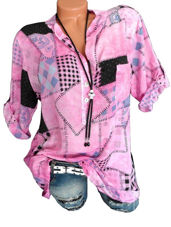 

Checked Print Half Button Blouse, Pink