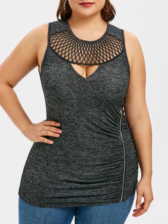 Plus Size Cut Out Ruched Zipper Tank Top - GRAY 1X