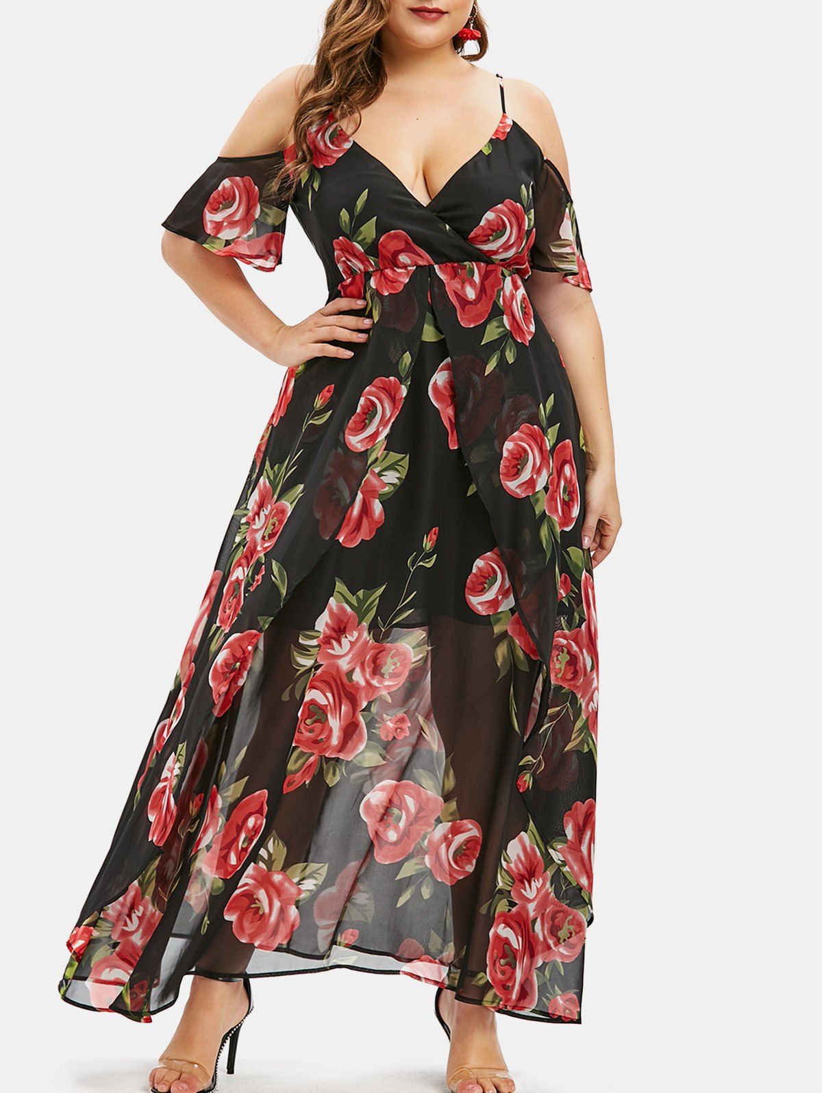 41 Off 2021 Plus Size Cold Shoulder Maxi Floral Dress In Black 3693