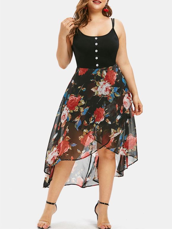 Robe Superposée Haute Basse Fleurie de Grande Taille - Noir 5X