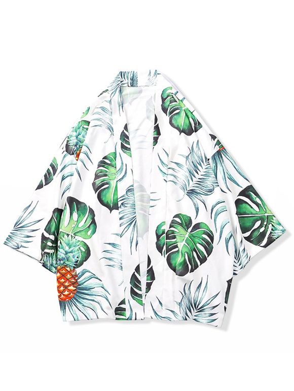 Cardigan Kimono Plage Feuille d'Ananas Imprimée - Blanc 2XL