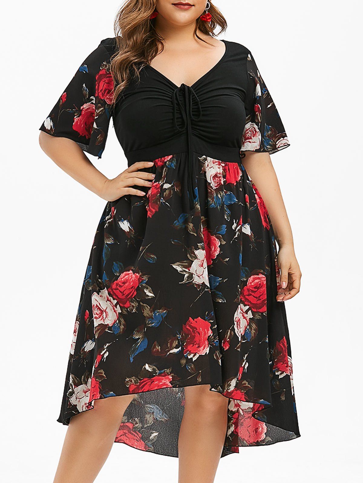 

Plus Size Floral Print Ruched High Low Midi Dress, Black