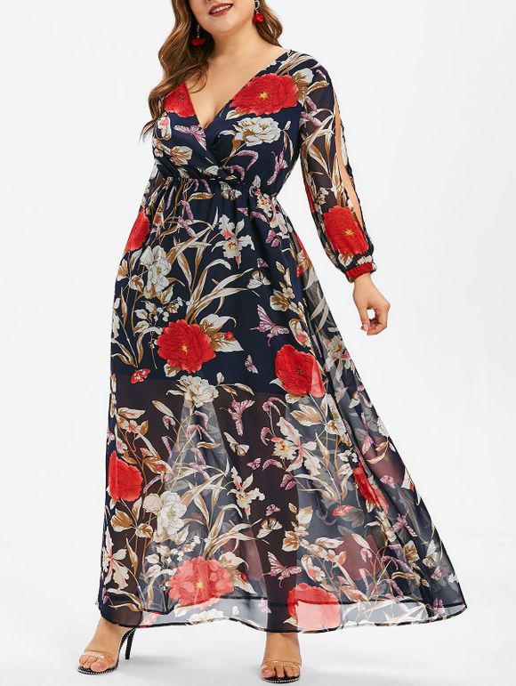 Maxi Robe Superposée Fleurie Imprimée de Grande Taille - Bleu de Minuit L