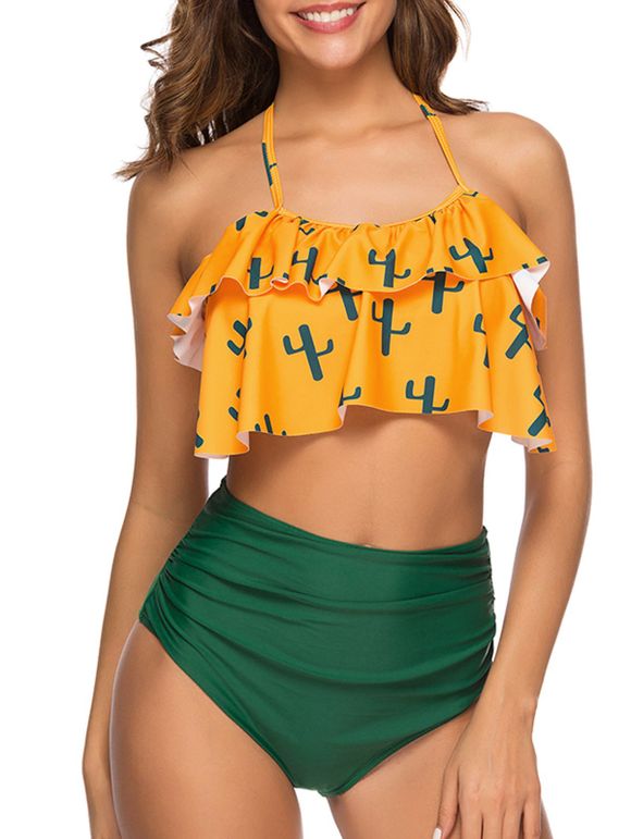 Halter Cactus Imprimer Flounce Bikini - Jaune 2XL