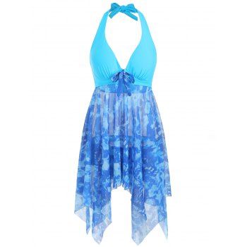 

Bowknot Printed Asymmetric Tankini Set, Sky blue