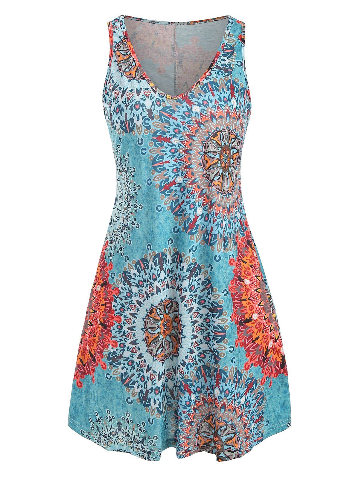 

V Neck Printed Sleeveless Tee Dress, Light blue