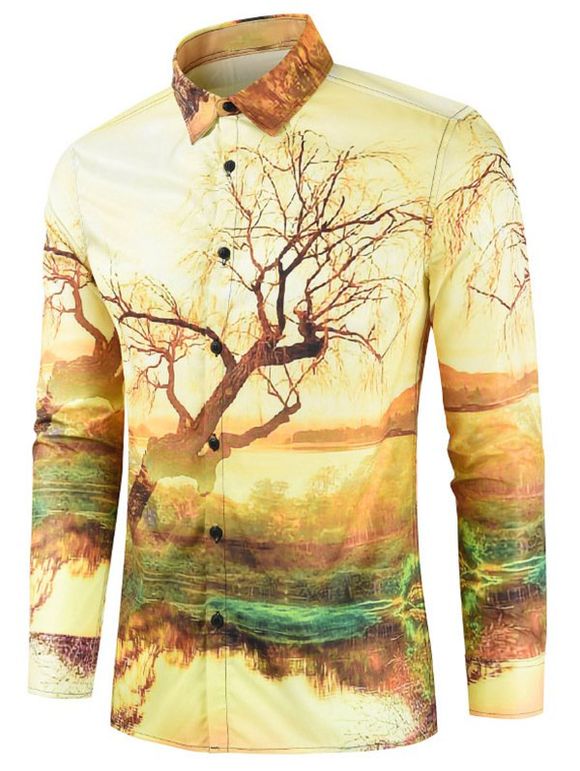 Tree River Landscape Print Shirt à manches longues - Verge d'Or 3XL