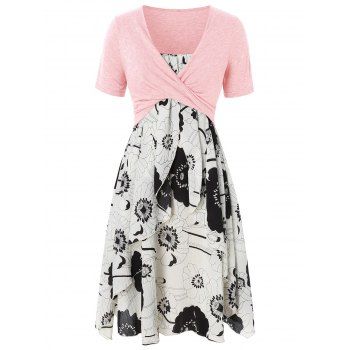 

Plus Size Floral Print Layered Cami Dress With Criss Cross Crop Top, Pink