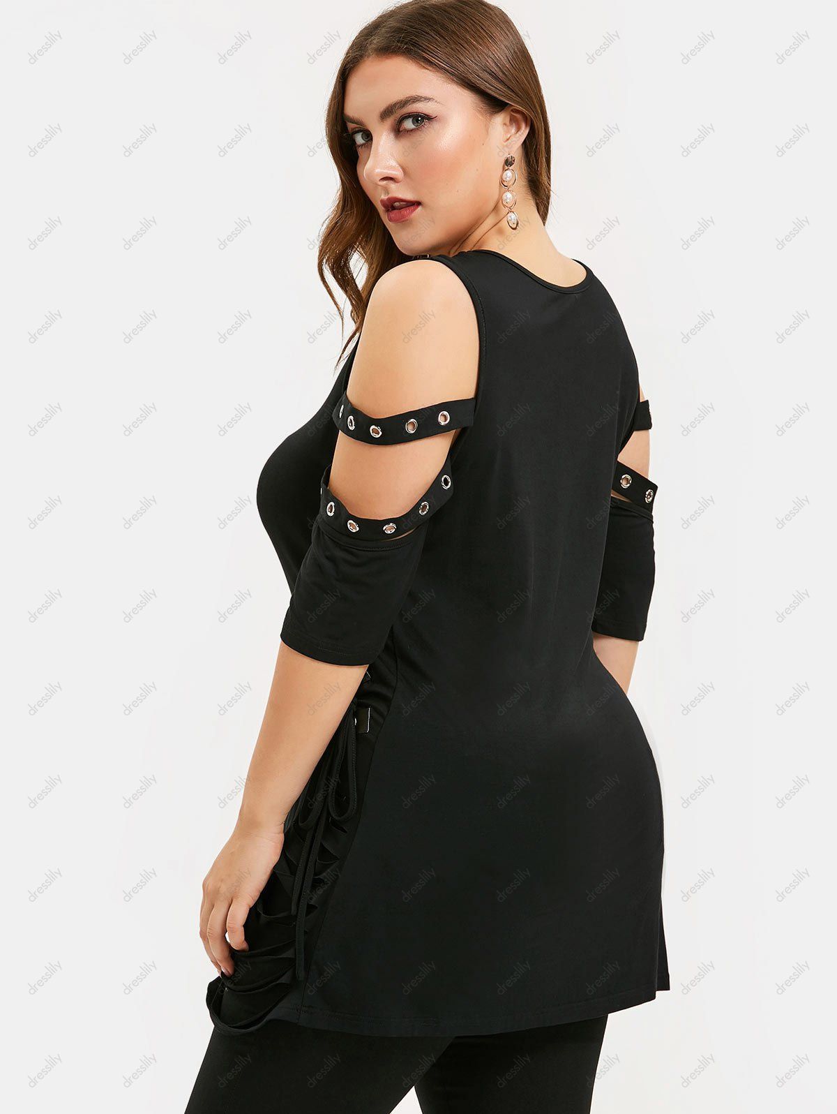 Plus Size Cold Shoulder Lace Up Ripped T-shirt - BLACK 4X