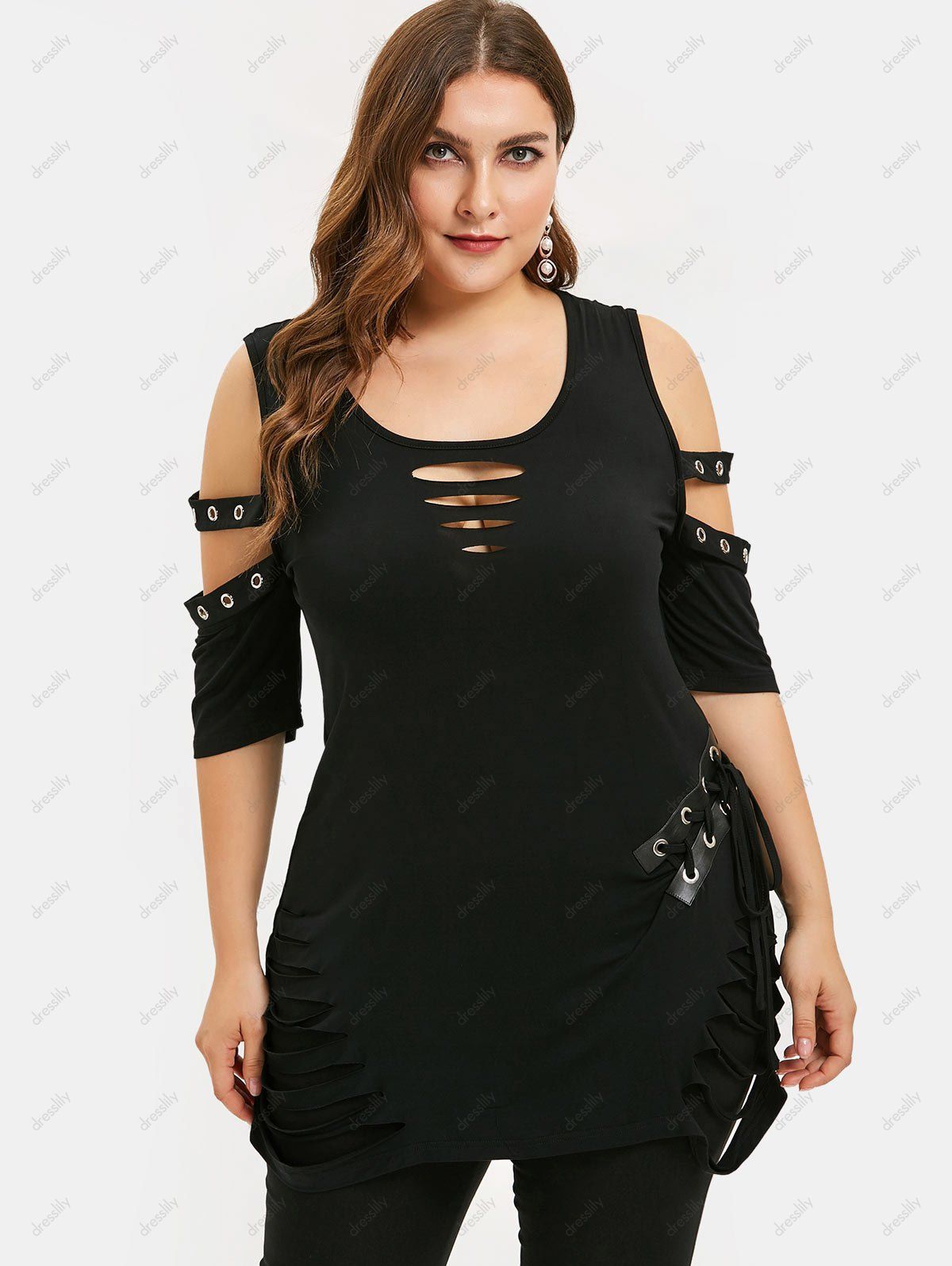Plus Size Cold Shoulder Lace Up Ripped T-shirt - BLACK 4X