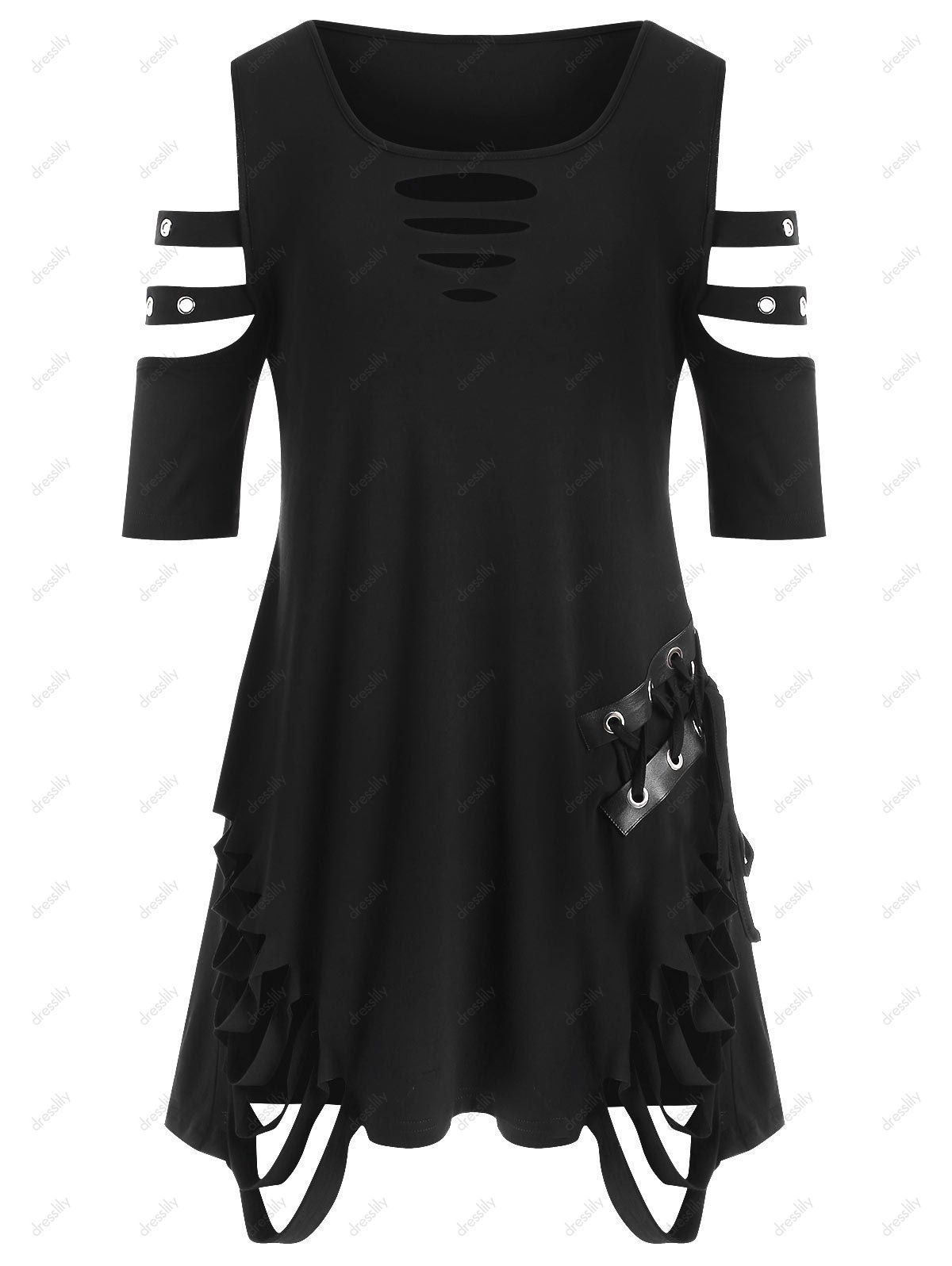 Plus Size Cold Shoulder Lace Up Ripped T-shirt - BLACK 4X