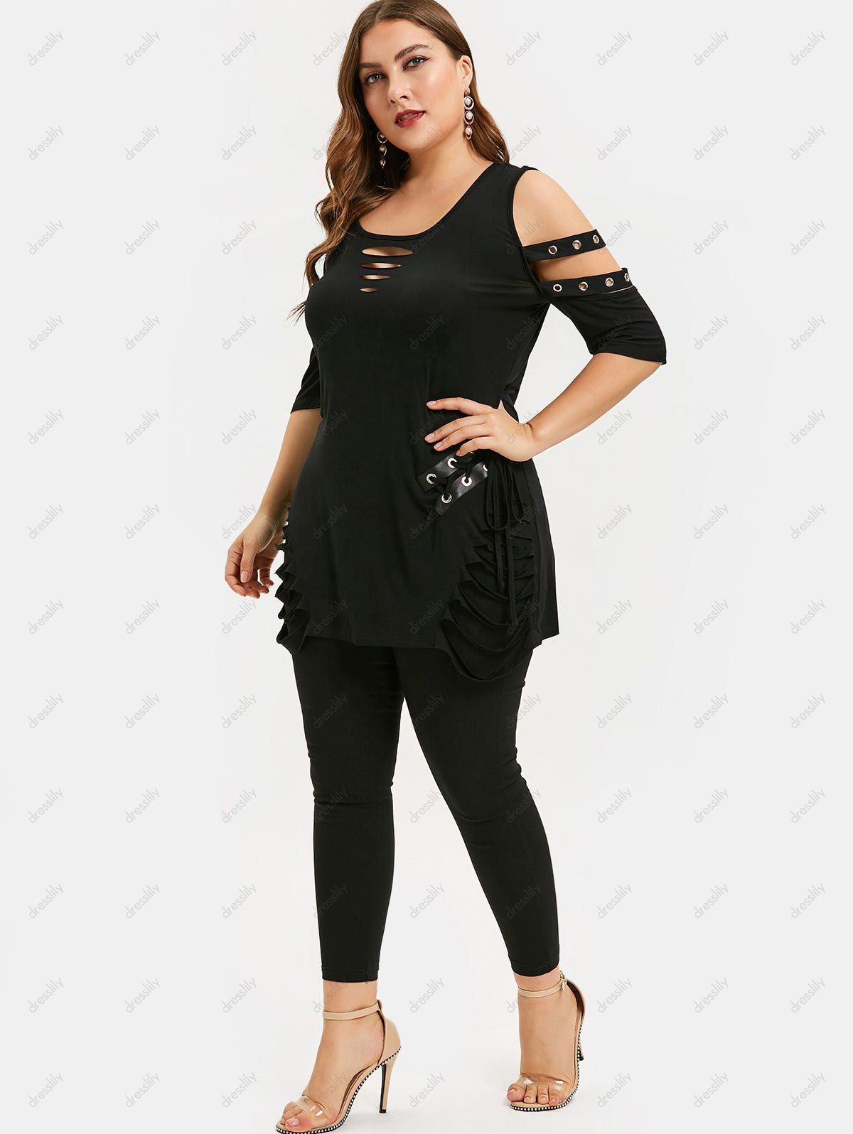 Plus Size Cold Shoulder Lace Up Ripped T-shirt - BLACK 4X