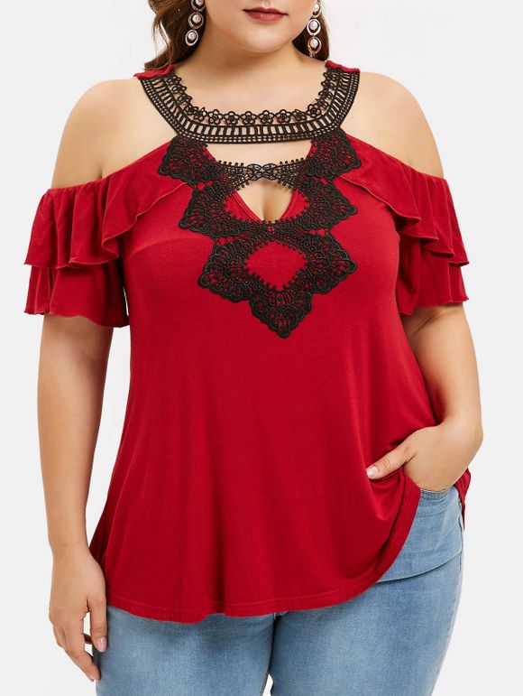 T-shirt Epaule Ouverte en Dentelle Contrastée de Grande Taille - Rouge Vineux 5X