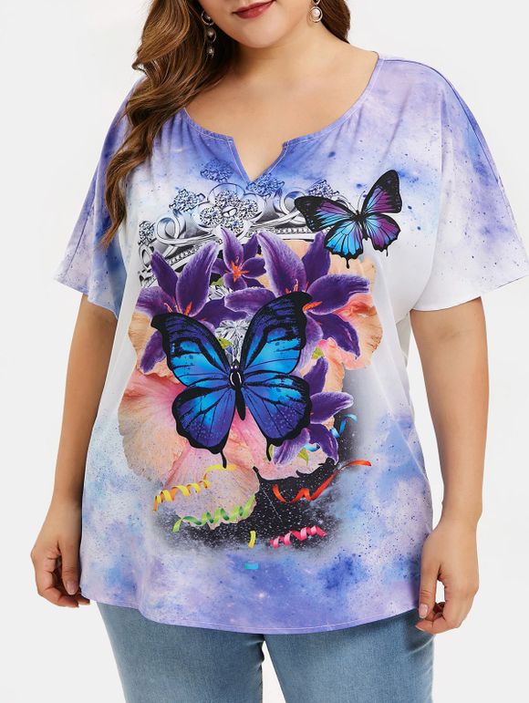 T-shirt Teinté Papillon Imprimé de Grande Taille - multicolor 5X