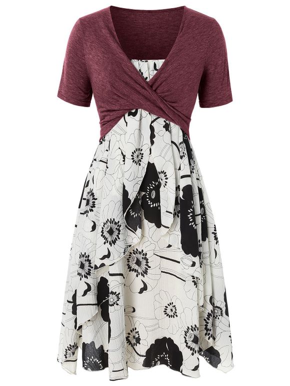 Robe Mi-Longue Superposée Imprimée de Grande Taille avec Haut Court Croisé - Rouge Vineux 1X