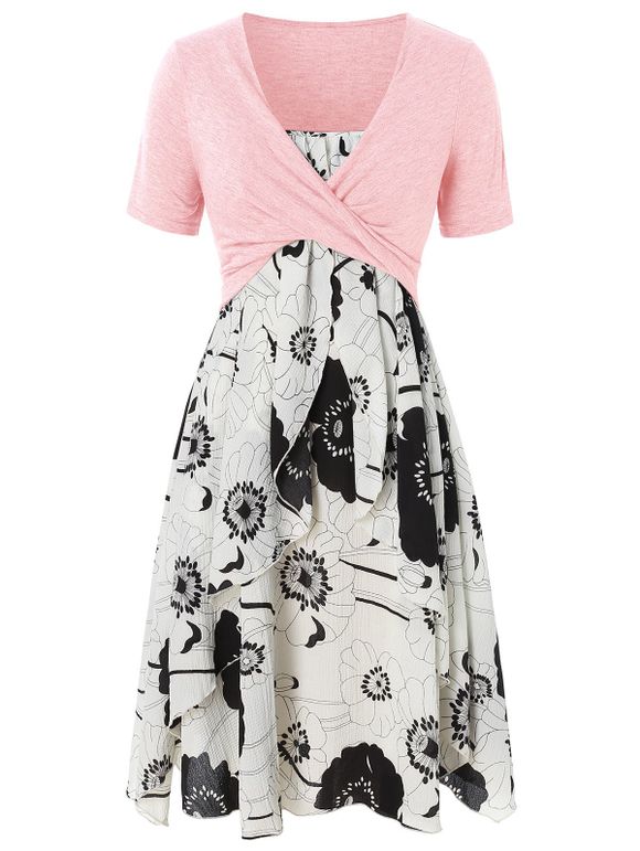 Robe Mi-Longue Superposée Imprimée de Grande Taille avec Haut Court Croisé - Rose 1X