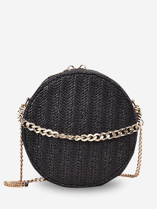 Chain Straw Round Shoulder Bag - BLACK 