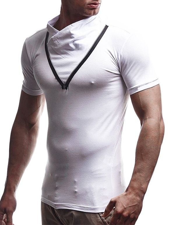 T-shirt Zippé en Couleur Unie à Manches Courtes - Blanc 3XL