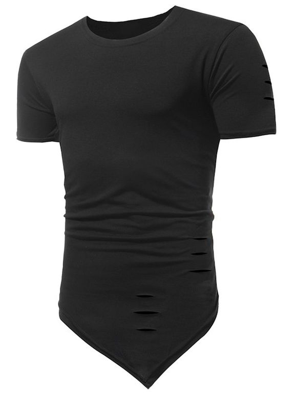 T-shirt Long Asymétrique Déchiré en Couleur Unie - Noir 3XL