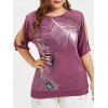T-shirt Découpé Plume Imprimée de Grande Taille - Rose Oeillet Foncé 1X