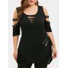 Plus Size Cold Shoulder Lace Up Ripped T-shirt - BLACK 4X