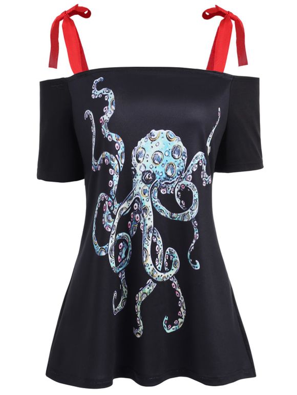 T-shirt à manches courtes à grande taille à imprimé octopus - Noir 5X