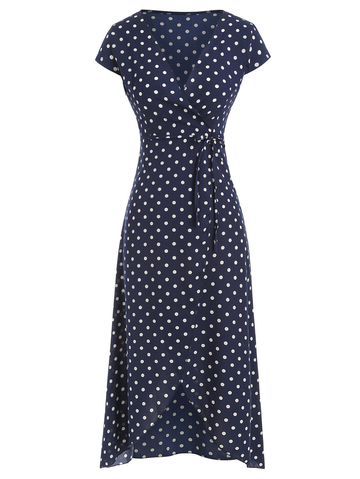 Polka Dot Belted Asymmetric Dress - CADETBLUE 2XL