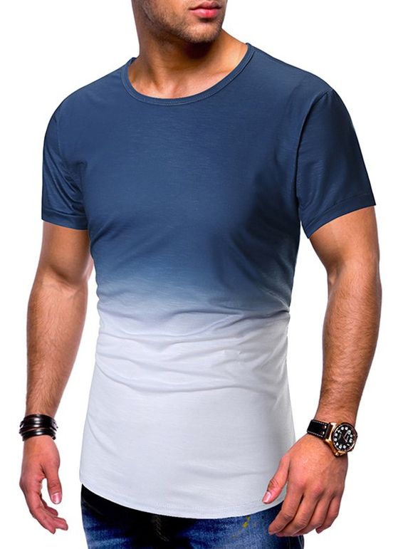 T-shirt Ombre Imprimée à Manches Courtes - Bleu Lapis 2XL